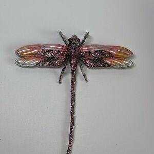 Oversized Dragonfly Brooch Pink Rhinestone Iridescent Enamel Wings Statement Pin